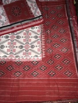 All Over Ikat work White and Red Cotton Hand woven Saree without Blouse Piece