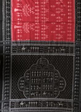 Saura Tribal Motifs Red and Black Cotton Ikat Saree without Blouse Piece