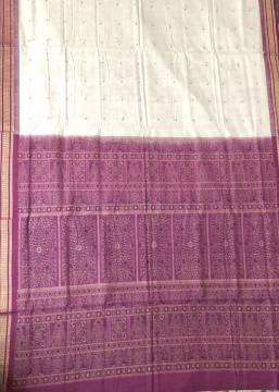 White And Purple Traditional Bomkai Cotton Saree with Blouse Piece