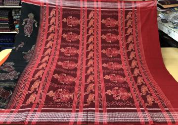Dancer and Animal Motifs Exclusively Woven Ikat Cotton Saree with Blouse Piece