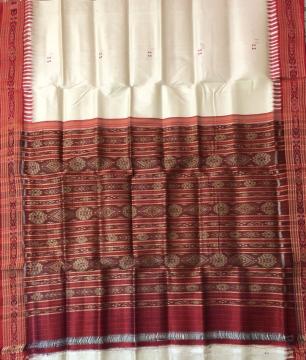 Off White and Red Traditional Khandua Silk Saree without Blouse Piece