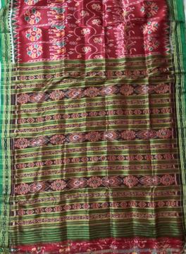 Red and Green Traditional Khandua Silk Saree without Blouse Piece