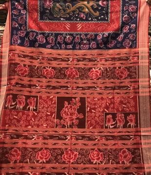 Intricately Woven Rose Motifs Blue and Red Cotton Ikat Saree With Blouse Piece