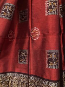 Box Pattern Tribal and Traditional Motifs Maroon and Dark Brown Bomkai Silk Saree