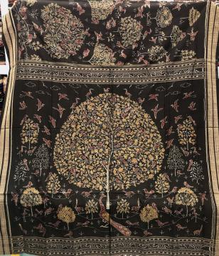 Master Weaver S Creation Tree of Life and Bird Motifs Cotton Ikat Saree with Blouse Piece