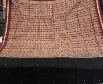 Black and Maroon Traditional Bomkai And Ikat Silk Saree with Blouse Piece