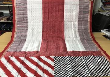 Exclusively Woven White Black and Red Boxes all over Geometric Patterns Ikat Silk Saree with Blouse