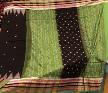 Thick Border Butis and Ikat Work Black Green Cotton Saree with Blouse Piece