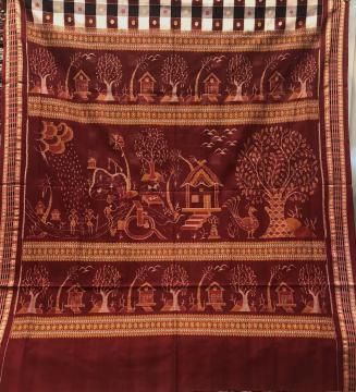 Master Weaver s Creation Exclusively Woven Tribal Life Scenic Beauty Cotton Ikkat Saree with blouse