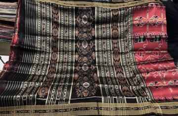 Maroon and Black Animal Motifs Traditional Khandua Silk Saree without Blouse Piece