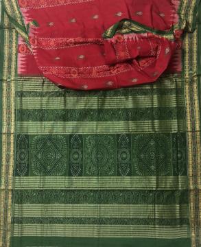 Red and Green Fish motifs and Ikat work Cotton Saree with Blouse Piece