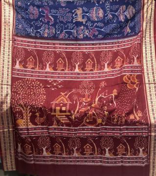 Exclusively woven Animal Motifs Body with Village theme Aanchal Cotton Ikat saree with Blouse piece