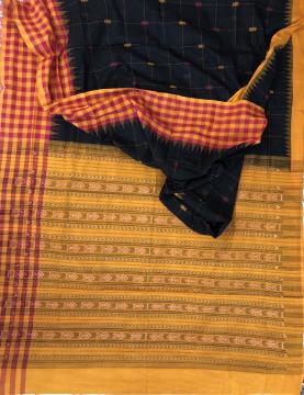 Checks and Phoda kumbha Border fish motifs Light weight cotton Ikat saree with Blouse Piece
