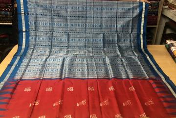 Miniature huts and rain motifs Silk Bomkai Saree with Blouse Piece