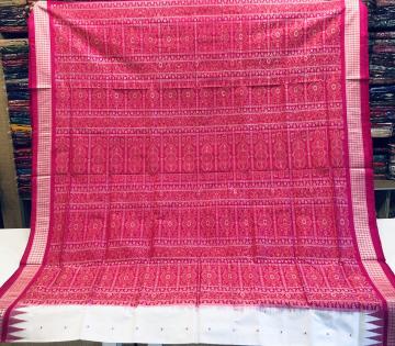 White and Pink Traditional Bomkai Silk Saree with Blouse Piece