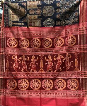 Master weaver s Taj Mahal palaces theme body with dancers wheel motifs Cotton Ikat saree with Blouse