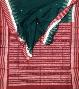 Stripes and Temple Border Bomkai and Ikat work Cotton Sambalpuri Saree with Blouse Piece