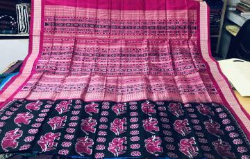 Hand woven Elephant and Flower Motifs Silk Ikat Saree with Blouse Piece