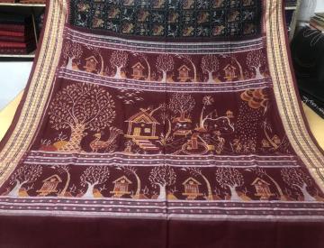 Village theme Aanchal animal motifs Body Cotton Ikat saree with Blouse piece