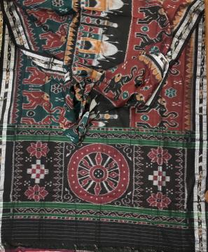 Taj Mahal and elephant motifs Cotton Ikat Saree without Blouse Piece