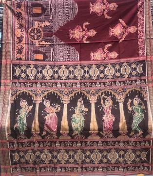 Exquisite Temple and dancer Motifs Cotton double Ikat Saree with Blouse Piece