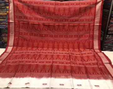 Tribal and Flower motifs White and Red Bomkai Silk Saree with Blouse Piece