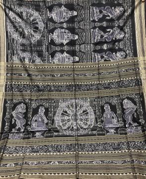 Exquisite Konark Chakra and Temple Theme double Ikat Cotton Saree with Blouse Piece