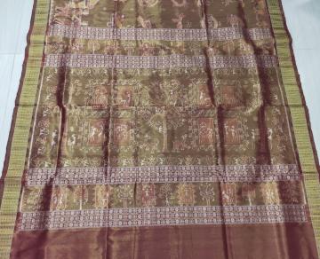 Exclusively woven Marriage theme body with tribal Aanchal Ikat Tissue Silk Saree with Blouse Piece