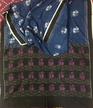 Beautiful bird motifs Hand woven Ikat Cotton Saree with Blouse Piece