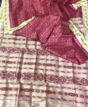 All over Ikat work pink and off white Khandua silk saree without blouse piece