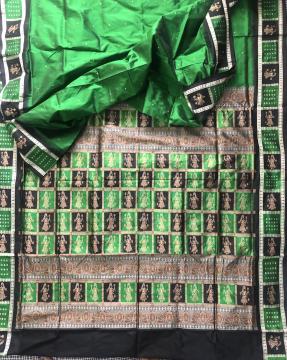 Doll border and Aanchal Green black Bomkai Silk Saree with Blouse Piece