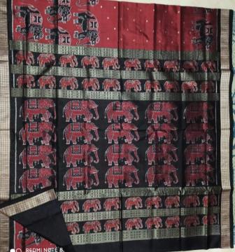 Skirt pattern elephant Motifs Intricately woven Ikat Silk Saree with blouse Piece