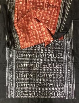 Intricately woven Tribal motifs Ikat Silk Saree with Blouse piece