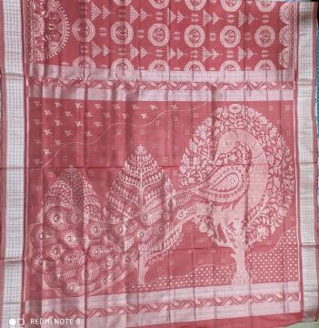 Intricately woven Laxmi feet motifs body with peacock Aanchal Ikat Silk saree with Blouse Piece