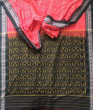 Red and Black all over Ikat work Cotton Saree without Blouse piece