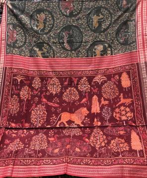 Intricately woven Jungle theme with animal and motifs Ikat  cotton saree with blouse piece