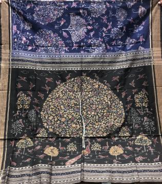 Master weaver s creation Tree of life and bird motifs Cotton Ikat Saree with Blouse Piece
