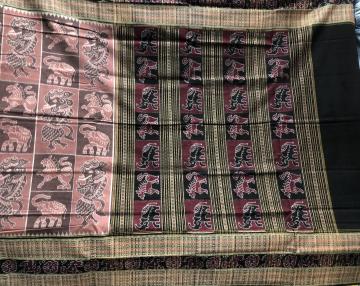 Master weaver s creation fish motifs border animal motifs Body Cotton Ikat Saree with Blouse Piec