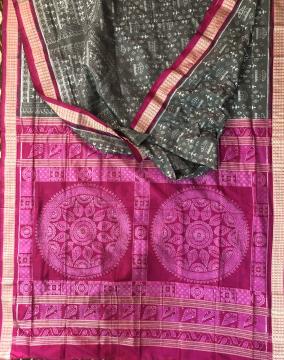 Exquisite conch motifs Jhoti Aanchal with Tribal theme body Ikat Silk Saree with Blouse Piece