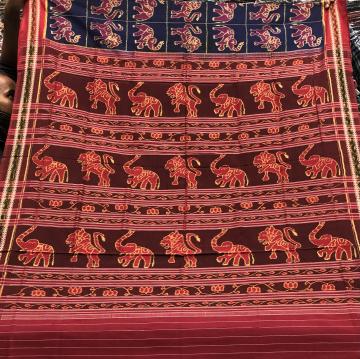 Exclusively woven lion elephant and worship women motifs Cotton Ikat Saree without Blouse Piece