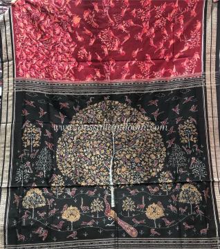 Exquisite Trees and bird motifs Cotton Ikat Saree with Blouse Piece