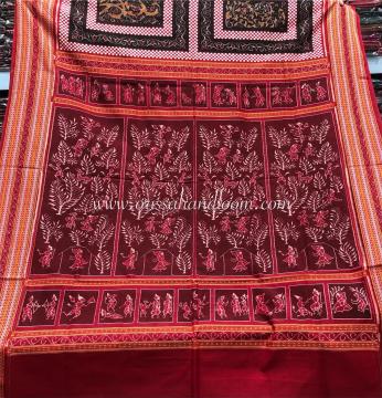 Ramayana theme in tribal form on Aanchal All over Ikat Cotton Saree with Blouse Piece