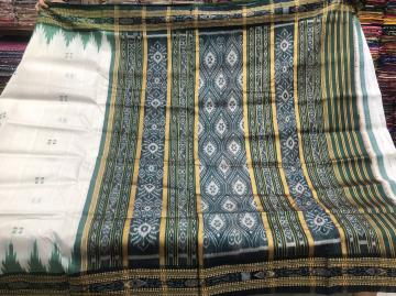 White Green Traditional Ikat work Khandua Silk Saree without Blouse Piece