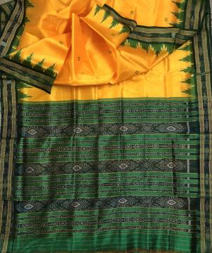 Yellow and green combination Traditional Khandua Silk Saree without Blouse Piece