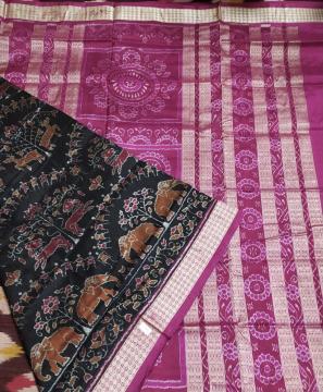 Animal motifs all over Ikat work Silk Saree with blouse Piece