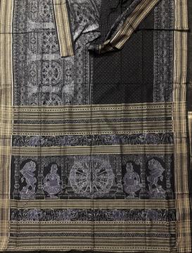 Temple theme chakra and lion motifs cotton Ikat Saree with blouse piece