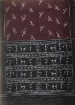 Bird motifs body with tribal motifs Aanchal Cotton Ikat Saree with Blouse Piece