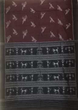 Bird motifs body with tribal motifs Aanchal Cotton Ikat Saree with Blouse Piece