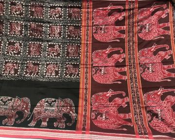 Intricately woven beautiful Elephant motifs Cotton Ikat Saree with Blouse Piece