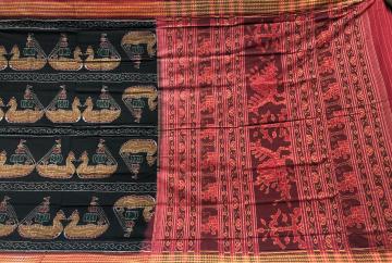 Boita Boat theme Cotton Ikat Saree with Blouse Piece